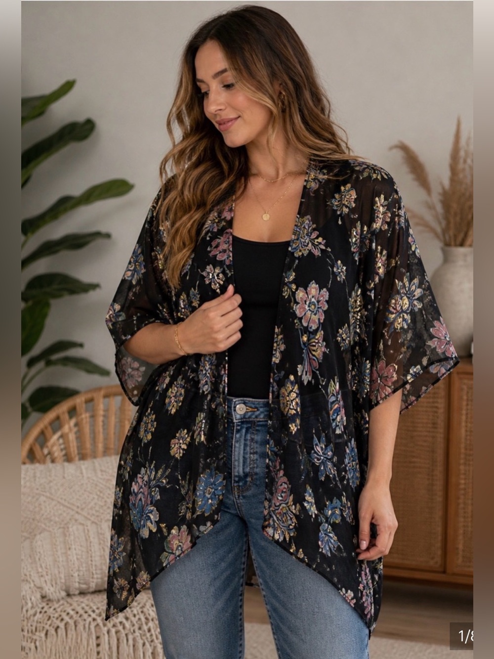 LC Lauren Conrad Kimono One Size Fits All Floral Print in Black and Pink Tones